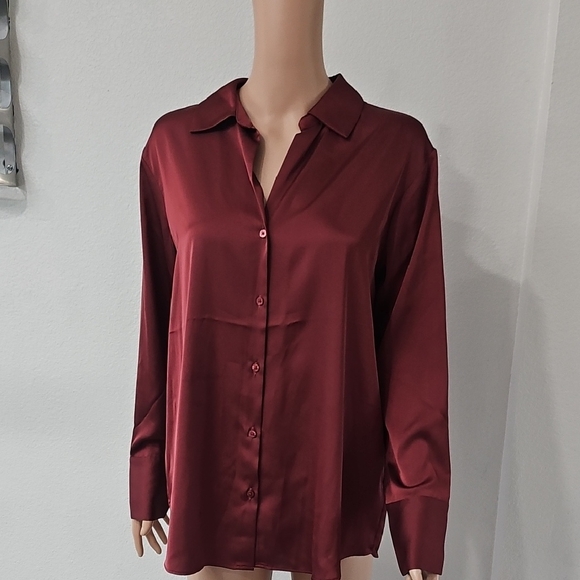 cupcakes & cashmere Satin Burgundy Button Down Shirt - Picture 1 of 16